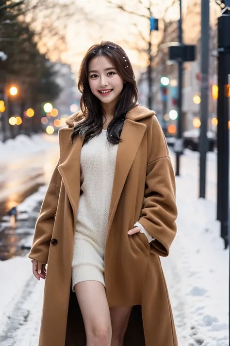 ulzzang-6500-v1.1, (RAW Photos:1.2), (Photorealistic), Beautiful detailed girl, (Genuine: 1.4), Very detailed目と顔, Beautiful and fine details, ((walk on a snow-covered road:1.3)), ((elegant long coat:1.3))、Selfie、Instagram、 Huge file sizes, High resolution,...