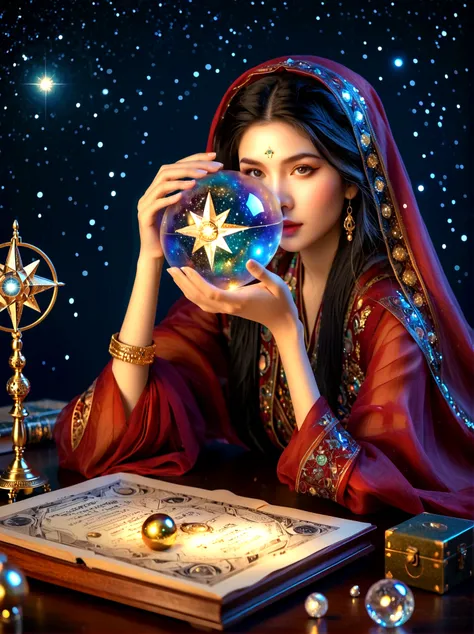 a mystic astrologer woman, flowing robes with intricate star patterns, holding a gleaming crystal ball, beautiful detailed eyes, beautiful detailed lips, long eyelashes, extremely detailed eyes and face, celestial background with stars and constellations, ...