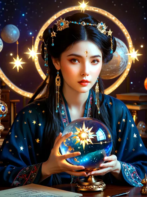 a mystic astrologer woman, flowing robes with intricate star patterns, holding a gleaming crystal ball, beautiful detailed eyes, beautiful detailed lips, long eyelashes, extremely detailed eyes and face, celestial background with stars and constellations, ...