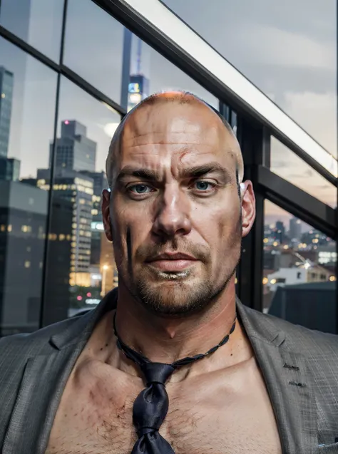 (absurdres, highres, ultra detailed, realistic, ), 1 male, solo, adult, mature, tall muscular guy, broad shoulders, handsome, very short hair, bald, blue eyes, angular bearded jaw, thick neck, thick eyebrows, night, dark, the night view of the city backgro...