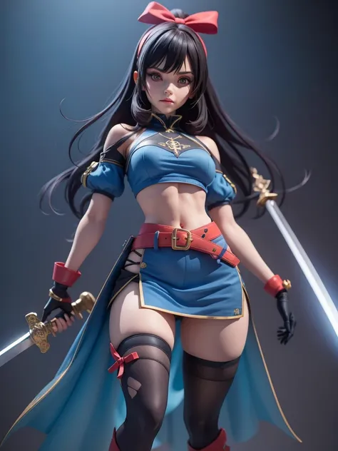 female mascot, small, , Ray-tracing, Waist slender, small, with ancient clothes, detailed, Russian robes, warm clothing, hot pants e botas, with sword in hand, futuristic gun pointing left, pose to the left, detailed doom style sword, large sword with diff...