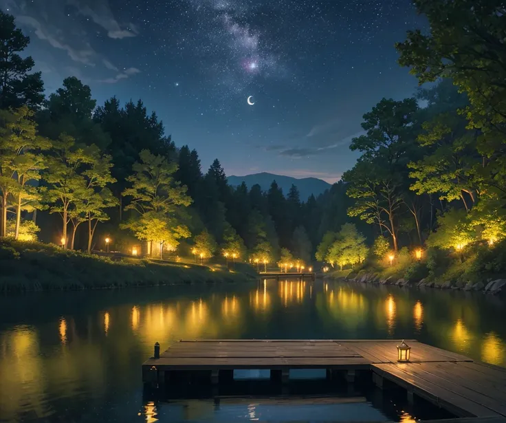 A serene midnight landscape, a tranquil river reflecting the starry night sky, lush green foliage along the riverbanks, a wooden dock or pier extending into the calm waters, a crescent moon casting a soft glow, fireflies dancing in the air, a sense of peac...