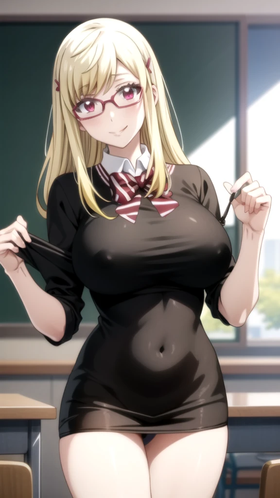 Anime girl with glasses and a black shirt posing in a classroom., oppai, con big breasts, biomechanical OPPAI, big breasts!, seductive anime girl, (sfw) Insurance for work, big breasts!!, oppai proportions, Nagatoro, breasts covered and sfw, anime moe art ...