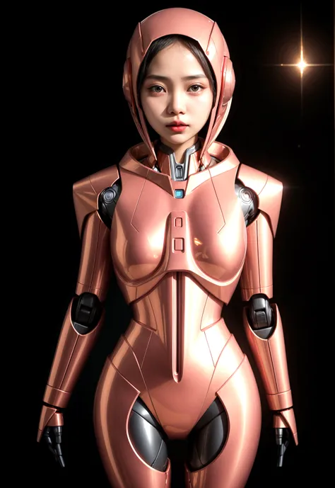 1 javanese girl , modern plain pink hijab, shy, medium portrait shot , watery eyes sad girl, glowing particles, red lips, wear red gold Mechanical suit,  Mecha robot, Strapless Mecha suit, light bokeh background, proportional body,