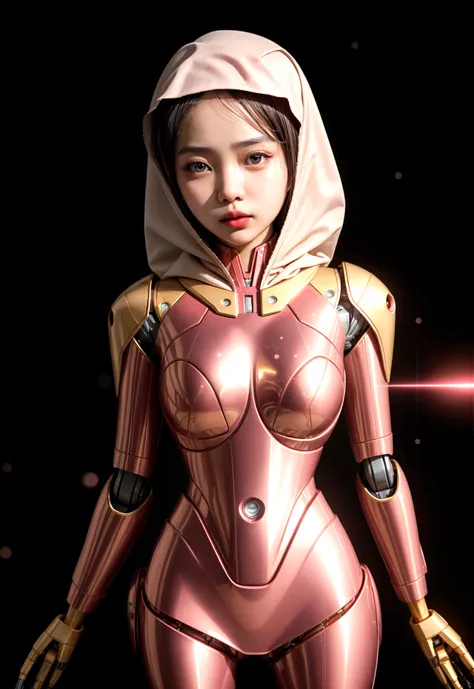 1 javanese girl , modern plain pink hijab, shy, medium portrait shot , watery eyes sad girl, glowing particles, red lips, wear red gold Mechanical suit,  Mecha robot, Strapless Mecha suit, light bokeh background, proportional body,