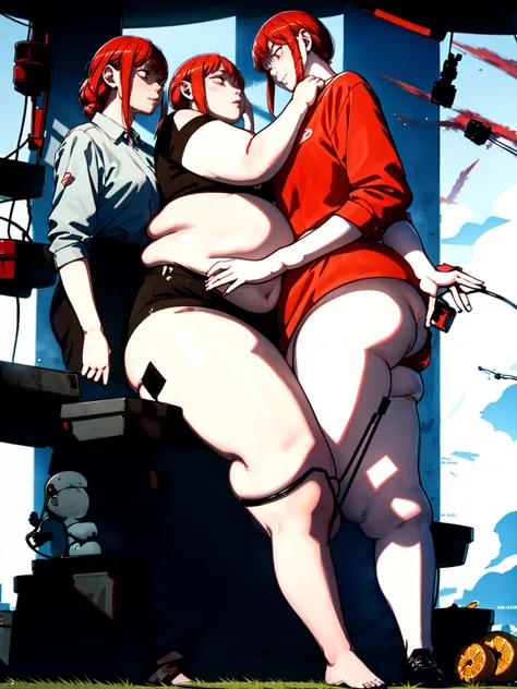 Le personnage Makima de la série animée Chainsaw Man, fragile, obésité morbide, ssbbw, pleine longueur (corps entier 1.1.), fond sombre, obscurité, anatomie correcte 1.1, anatomie correcte de la main, Très féminin, corps gras et rond, grosses Jambes, fesse...