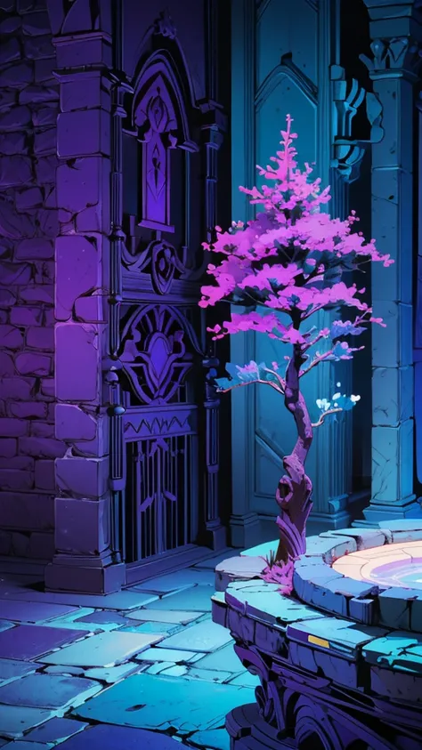 make the image of a very fantasy castle room with the color palette based on blue, and purple and grayish stone walls