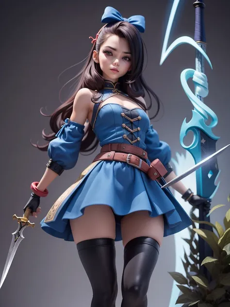 female mascot, small, , Ray-tracing, Waist slender, small, with ancient clothes, detailed, Russian robes, warm clothing, hot pants e botas, with sword in hand, futuristic gun pointing left, pose to the left, detailed doom style sword, large sword with diff...