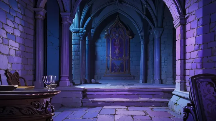 make the image of a very fantasy castle room with the color palette based on blue, and purple and grayish stone walls