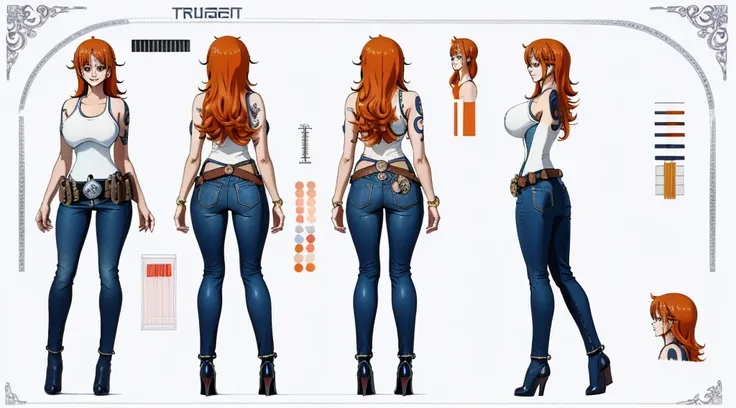 ((best quality)), ((masterpiece)), (((detailed character sheet, frontal view, side view, three quarter view))) white background、...