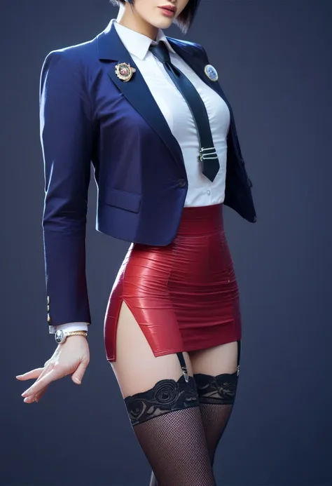 ada wong, skirt suit, (((three-piece suit))), (((dress shirt))), (((necktie))), (((blazer))), (((suit jacket))), (waistcoat), do...