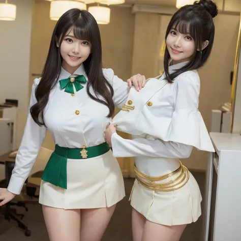 （elite , green, White and gold uniform, White Skirt, White top, green Ribbon, Gold Button, Golden Shoulder Massage、Ass、Black Hair、Big Ass、classroom、Micro Mini Skirt）、Extremely sexy、Glamorous Body、smile、Professional Lighting、Impressive body curves、Beautiful...