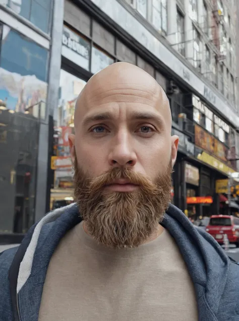 30 year old man. Ultra realistic. 4k. Bald. Bearded. Driving cap. Well dressed. Streets of new York. Head and shoulders.