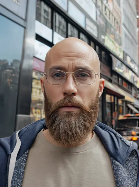 30 year old man. Ultra realistic. 4k. Bald. Bearded. Driving cap. Well dressed. Streets of new York. Head and shoulders.