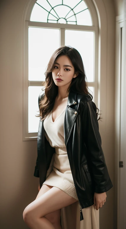 Model photo shoot, Stills, 28 years old Asian girl standing, Full Body Love, (Black eye:1.3), Medium Wavy Hair, Green sweater, Black leather jacket, Soft natural light, In the dark of night, ((masterpiece)),(Best quality),(high resolution),Highly detailed ...