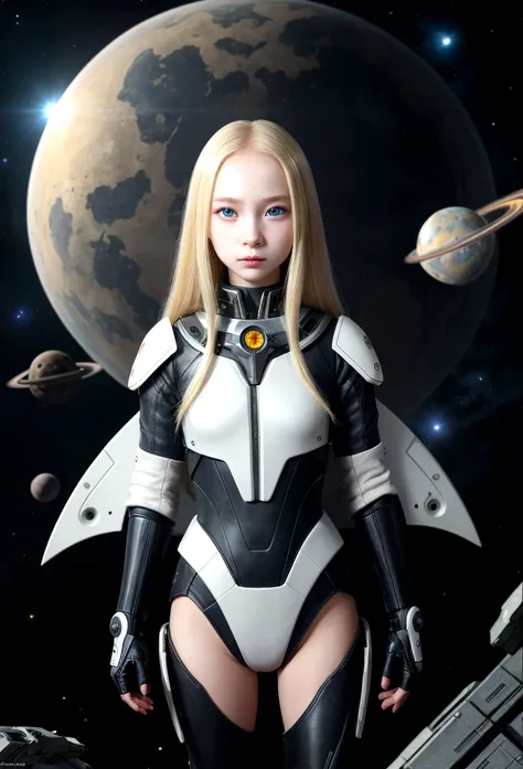 (Young Girls, 12 years old, blond, Reality, Pale skin), (of (Eye:1.2)), (fit:1.3), (fantasy space suit), 漂亮of脸蛋, Symmetrical face, Greg Rutkowski, wlop and sam kuvshinov, (Long hair), Gold eyelashes, Big Iris, Large pupil, whole body, 站在航天发射场of背景上, Art Sta...