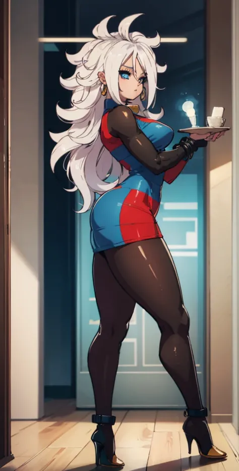 android 21, cups, pose lateral, She is sideways to the spectator, long brown hair, blue colored eyes, plaid dress, pantyhose, looking to the side, pose lateral, standing, ele está standing, serious, legs spread open, livingroom, light bulb, high qualiy, wo...