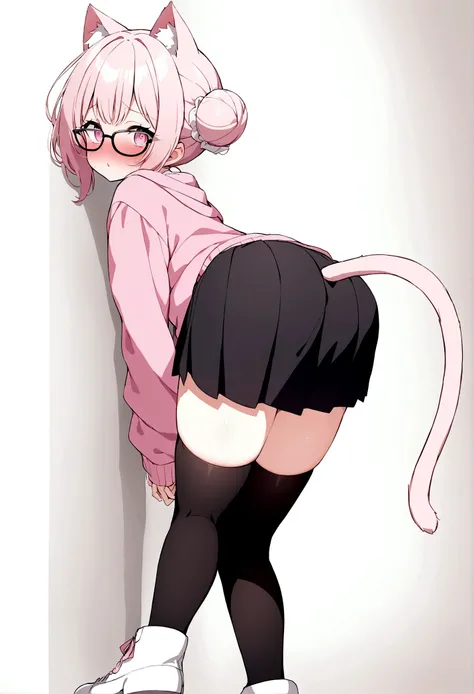 I have white pink hair, cat ears, a bun, my face is super blushing, black glasses, pink heart eyes, a big pink sweatshirt, a black skirt, black stockings, white shoes, a cat&#39;s tail, a girl. very shy that she is glued to a wall with her butt