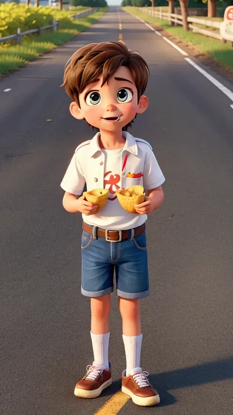 A kid eat chips on road 