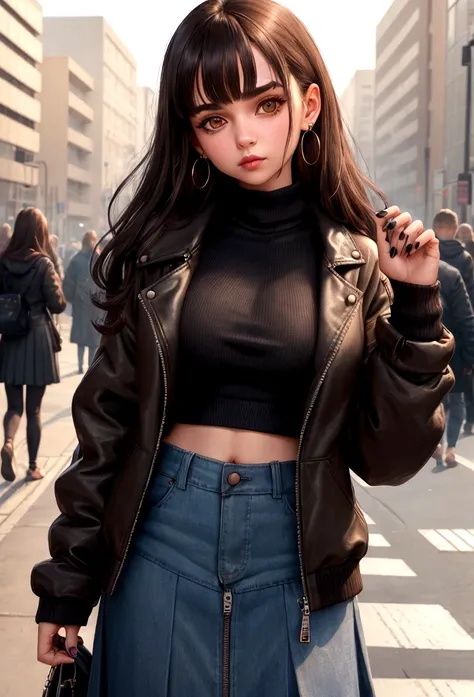 Characterful,, , 1 Girl, Ahog, Bangs, black skirt, black sweater, Blue nails, Vague, Vague background, breast, Brown eyes, Brown hair, brown jacket, Shut up, Outdated, sky, Depth of Field, earrings, eyelash, hands up, Head tilt, jacket, Jewelry, Long hair,...