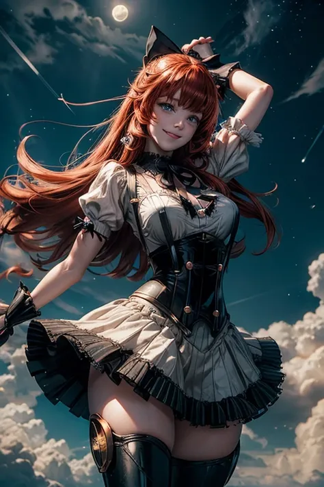 night, moon, stars, cowboy shot, (dynamic pose), smile,  underbust, Penny Polendina, long red hair, neck ribbon, suspender skirt, corset, black bow, white blouse, mechanical legs, neon trim, flying in the sky, blue sky, clouds (volumetric lighting), intric...