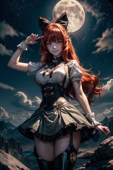 night, moon, stars, cowboy shot, (dynamic pose), smile,  underbust, Penny Polendina, long red hair, neck ribbon, suspender skirt, corset, black bow, white blouse, mechanical legs, neon trim, flying in the sky, blue sky, clouds (volumetric lighting), intric...