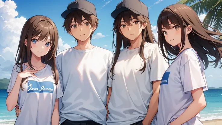 One girl, One boy,Male and female couple ,Put your hands around your back,Hands are pieces,smile,blue sky,high school student,Boys wear baseball caps,girl has long hair,Brown Hair,Soft Light,Brown eyes,瞳にSoft Light,cute,