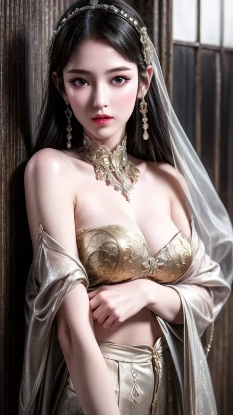 best quality, masterpiece, Big , (Large Breasts), Delicate skin texture, Detailed fabric texture, Delicate face, Super Detail, 8K, Intricate details, 1 Girl, 30 years old, High contrast, High resolution eyes, Black hair goddess，Royal sister，Sexy，Long legs。