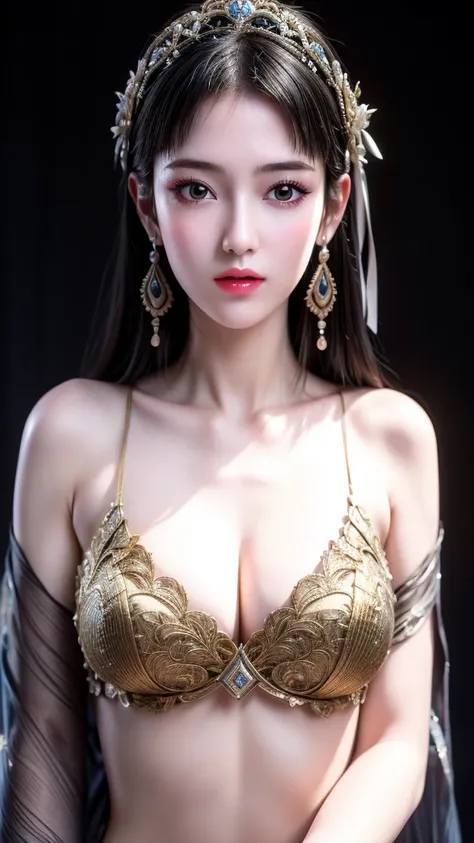 best quality, masterpiece, Big , (Large Breasts), Delicate skin texture, Detailed fabric texture, Delicate face, Super Detail, 8K, Intricate details, 1 Girl, 30 years old, High contrast, High resolution eyes, Black hair goddess，Royal sister，Sexy，Long legs。