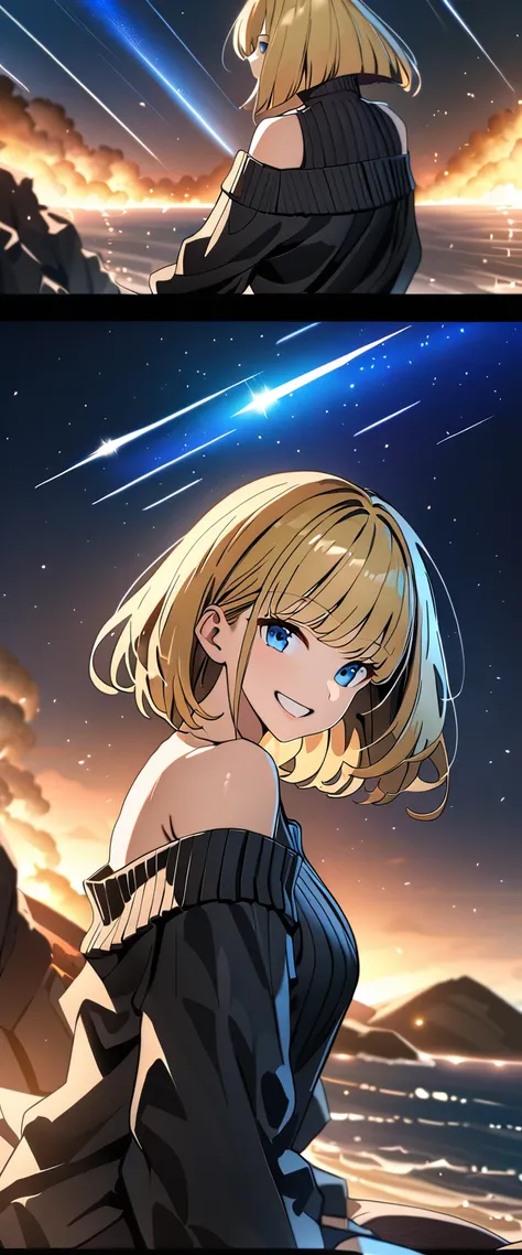 ((grin)), ((off-shoulder sweater:1.3, Quite thick shoulder straps)), ((black sweater)), ((blond hair, bob cut:1.3)), ((sunglasses, hand to sunglasses)), (((from side))), ((((upper body)))), ((Leaning to side)), (((A meteor shower dancing in the night sky, ...