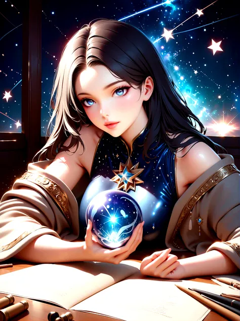 a mystic astrologer woman, flowing robes with intricate star patterns, holding a gleaming crystal ball, beautiful detailed eyes,...