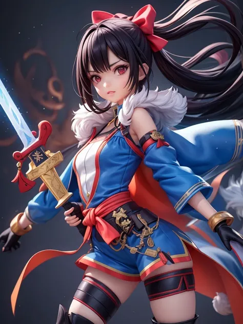 female mascot, small, , Ray-tracing, Waist slender, small, with ancient clothes, detailed, Russian robes, warm clothing, hot pants e botas, with sword in hand, futuristic gun pointing left, pose to the left, detailed doom style sword, large sword with diff...