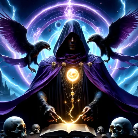 Dark Rune Astrologer,, Black Gold Astrologer,, magic void energy, Glowing eyes, Death Lightning, death energy ball floating on its Bone Hand, Casting a Spell, Energy Splitting, Bone Hand, Wearing a luxurious cloak, Astral Lightning Floating, Land and rocks...