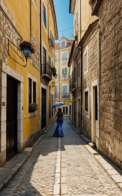 (style of fan ho), [vibrant lisbon lightplay:urban texture:0.8] composition, capturing a mesmerizing moment of a woman moving th...