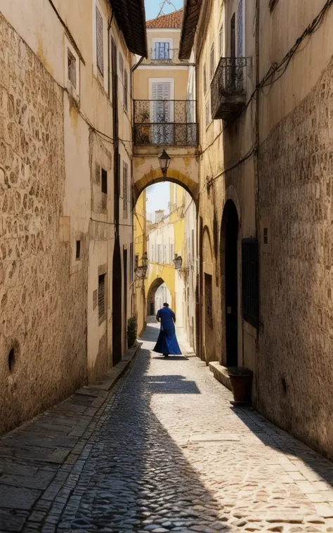 (style of Fan Ho), [vibrant Lisbon lightplay:urban texture:0.8] composition, capturing a mesmerizing moment of a woman moving through a narrow alley in Lisbon, Portugal, her form bathed in the interplay of light and shadow. Her attire, a simple yet elegant...