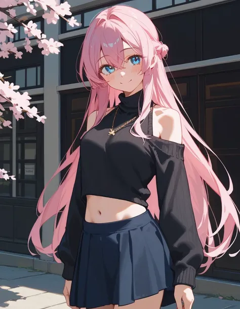 One girl, Shikimori-san, Pink Hair, Long Hair, blue eyes, Hair between the eyes, bangs, blush, compensate, smile, chest, Black sweater, Bare shoulders, No sleeve, skirt, View your viewers, Show your belly,belly button,masterpiece, Highest quality,nsfw,