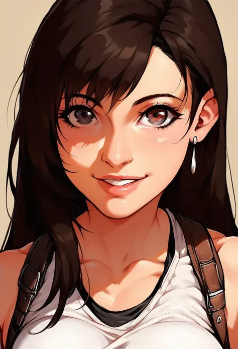 score_9, score_8_up, score_7_up, Tifa from FF7, grey eyes, smile, fully clothed light-skinned female, close up, face focus