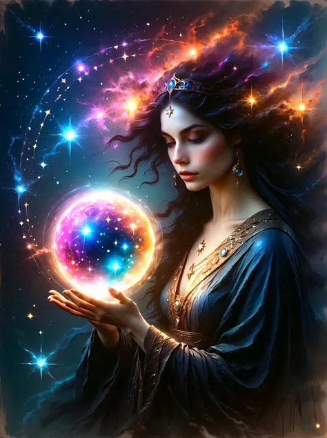 a mystic astrologer woman, flowing robes with intricate star patterns, holding a gleaming crystal ball, beautiful detailed eyes,...