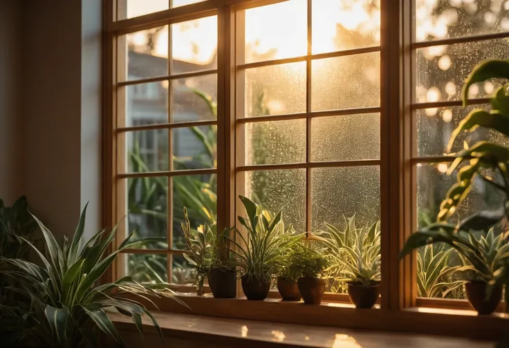 Close-up shot exterior photo of a large window framed with natural wood, showcasing the intricate details of the grain and texture. The glass is spotless, reflecting the soft golden light of the setting sun. Behind the window, decorative indoor plants add ...