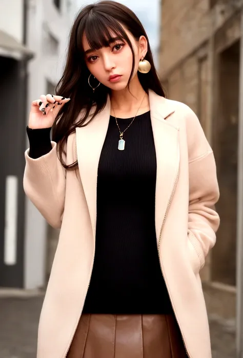 Characterful,, , 1 Girl, Ahog, Bangs, black skirt, black sweater, Blue nails, Vague, Vague background, breast, Brown eyes, Brown hair, brown jacket, Shut up, Outdated, sky, Depth of Field, earrings, eyelash, hands up, Head tilt, jacket, Jewelry, Long hair,...