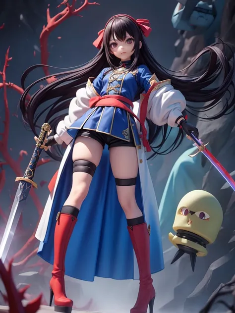 female mascot, small, , Ray-tracing, Waist slender, small, with ancient clothes, detailed, Russian robes, warm clothing, hot pants e botas, with sword in hand, futuristic gun pointing left, pose to the left, detailed doom style sword, large sword with diff...