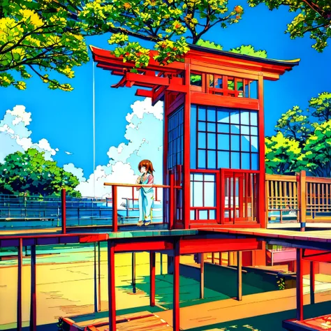 Japanese summer, nostalgic, a girl in a  standing, blue sky, light touch, thin line