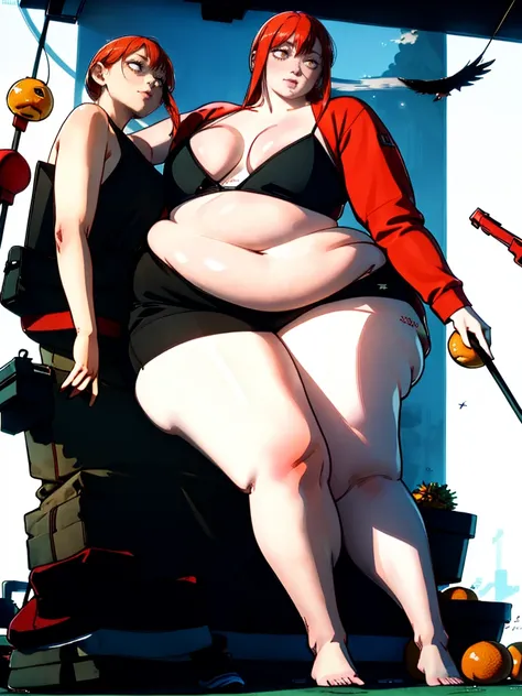 Le personnage Makima de la série animée Chainsaw Man, fragile, obésité morbide, ssbbw, pleine longueur (corps entier 1.1.), fond sombre, obscurité, anatomie correcte 1.1, anatomie correcte de la main, Très féminin, corps gras et rond, grosses Jambes, fesse...