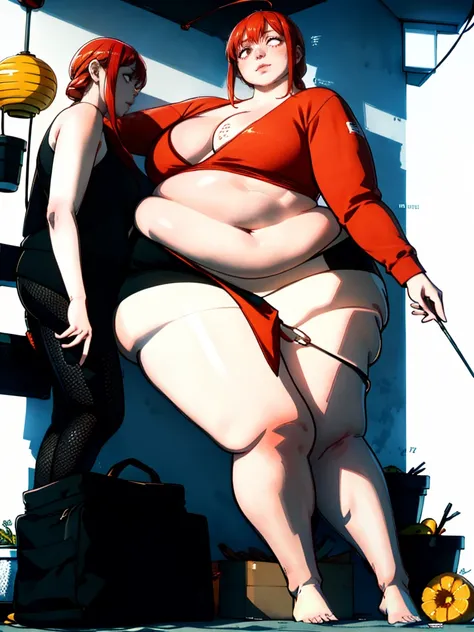 Le personnage Makima de la série animée Chainsaw Man, fragile, obésité morbide, ssbbw, pleine longueur (corps entier 1.1.), fond sombre, obscurité, anatomie correcte 1.1, anatomie correcte de la main, Très féminin, corps gras et rond, grosses Jambes, fesse...