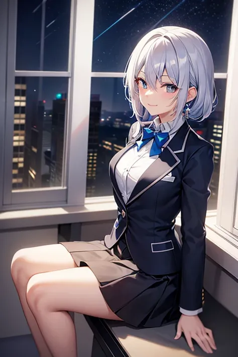 Anime Characters Silver Hair, Azure Line Style, Anime Moe Art Style, Highest ranking on Pixiv, Highest quality, 8k hd, blazer,smile,Evening Classroom,Sitting in a window seat,Resting one&#39;s chin on one&#39;s hand,Watery eyes