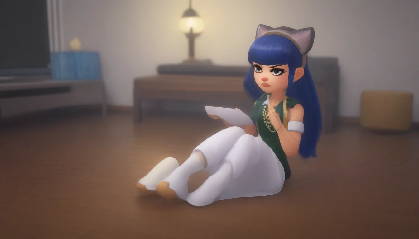 Eye, Animal Crossing Muscle, hairy, Blue Hair, Hair accessories, Yellow skin, 黑Eye, White Dress, Tail, Looking at the audience, Serious, Cross your legs, from_below, His sofa, Inside the living room, Hieroglyphics, high quality, masterpiece, 1 Girl，Cat ear...