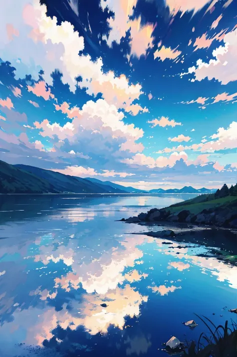 MKSKS style, (flat_Color, 2D, Pastel_Style), Official artwork, (Blue_Theme:1.2), Clouds, Niconico, offical wallpaper, (partly_Colored:0.5), (Traditional media:0.5), (Wide_Shot:1.3)
break
cloudy_sky, (Reflective_water:1.3), scenic, sky, water, (Ripples:0.5)...