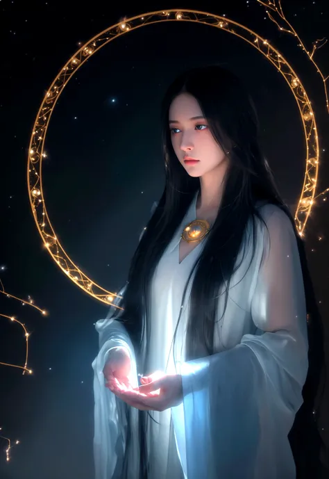 mysterious astrologer, Beautiful and delicate eyes, Beautiful and delicate lips, Extremely delicate face and skin, Flowing long hair, Complex celestial symbols, Hot cosmic energy, Detailed constellation maps and zodiac signs, (best quality,4K,8K,high resol...