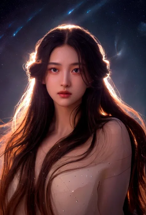 mysterious astrologer, Beautiful and delicate eyes, Beautiful and delicate lips, Extremely delicate face and skin, Flowing long hair, Complex celestial symbols, Hot cosmic energy, Detailed constellation maps and zodiac signs, (best quality,4K,8K,high resol...