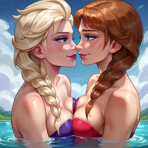 score_9, score_8_up, score_8_up, source_cartoon, detailed soft lighting, 2girls, (Elsa from Frozen, blonde hair, braids:1.5), (Anna from Frozen, brown hair, braided pigtails:1.4), girlfriends, cleavage, sexy swimsuits, sitting in Japanese bath, very detail...